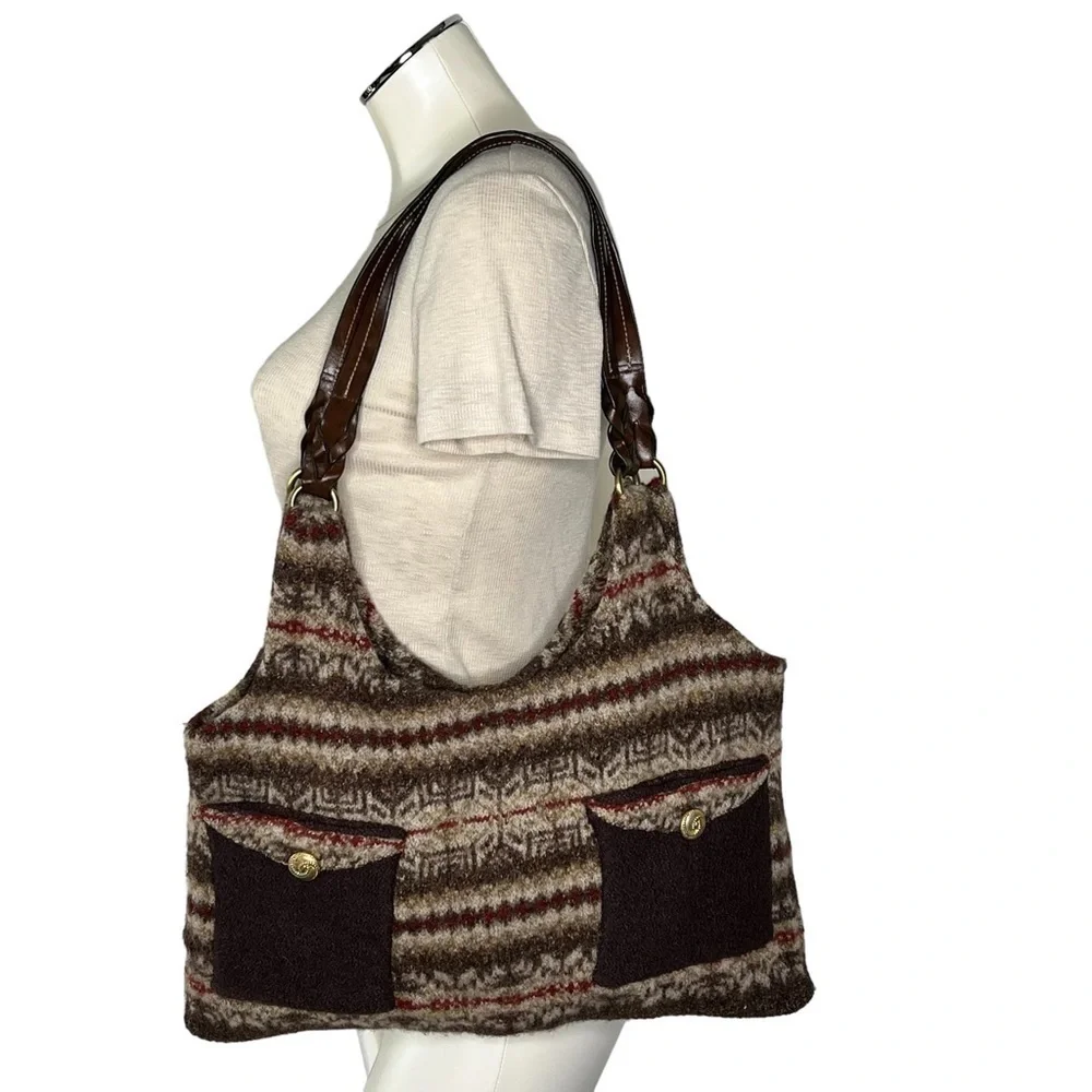 RARE EDDIE BAUER Brown Wool Blend Shoulder Tote Bag Leather Braided Straps - Picture 15 of 16